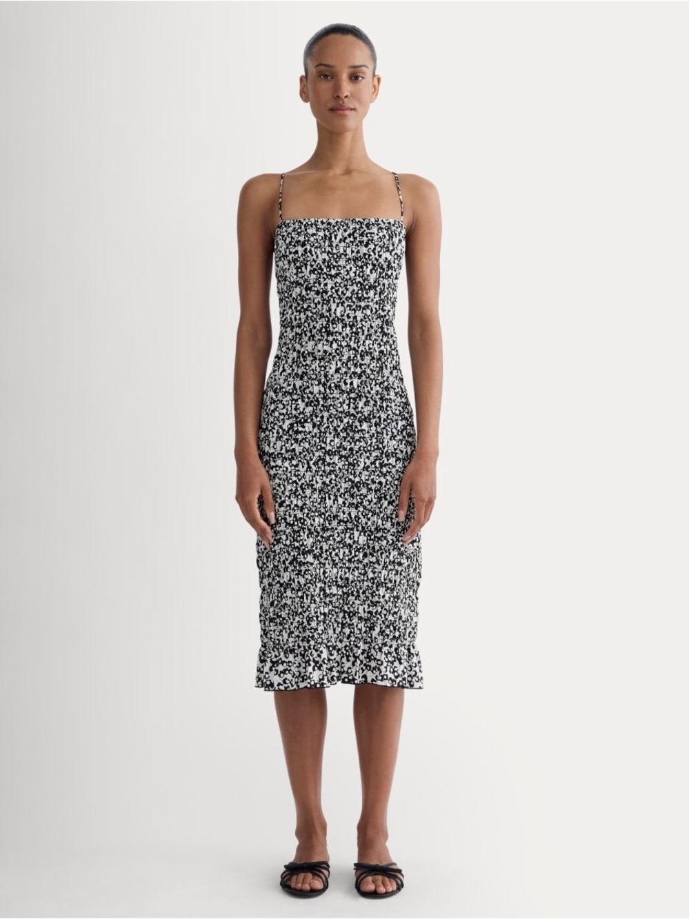 Everlane NWT Black and White Smocked Midi Dress with Thin Straps